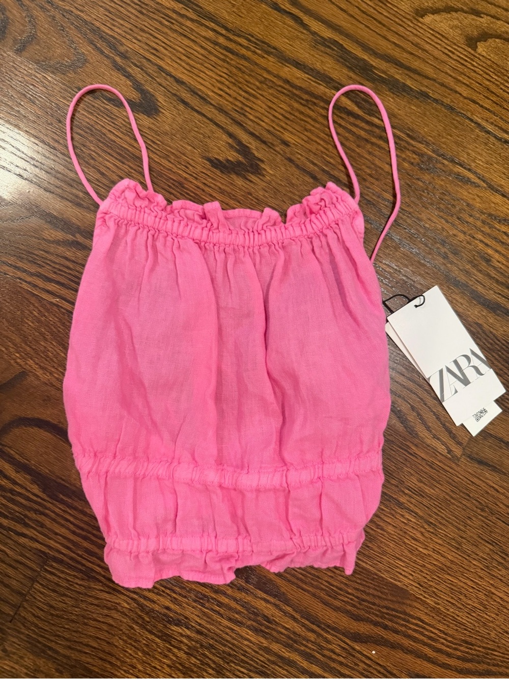 Zara Bright Pink Linen-Effect Spaghetti Strap Cropped Top
